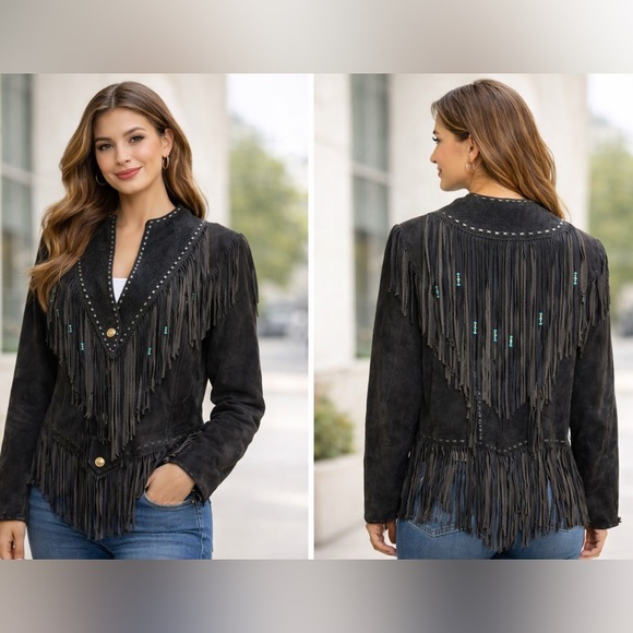Ranch Du Cuir Jackets & Blazers - Vintage Womens Genuine Leather Black Fringe Jacket With Turquoise Bead Accents S